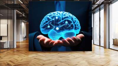 Hand Holding Human Brain - Futuristic Concept of Intelligence, science and mind Wall mural