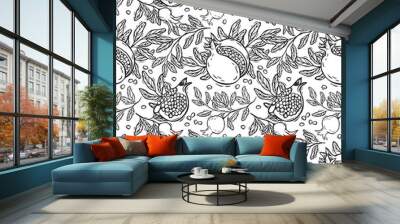 Pattern of pomegranate fruits, bursting pomegranates and branches with leaves. Vector graphic pattern on a white background. For packaging design for products and cosmetics, textiles, wallpaper. Wall mural