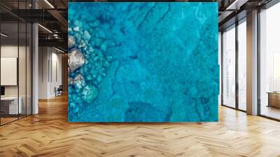 An aerial view of the beautiful Mediterranean sea, where you can se the rocky textured underwater corals and the clean turquoise water of Protaras, Cyprus Wall mural