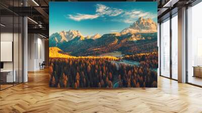 Aerial view of Lago Antorno, Dolomites, Lake mountain landscape with Alps peak , Misurina, Cortina d'Ampezzo, Italy. Wall mural