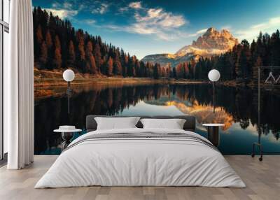 Aerial view of Lago Antorno, Dolomites, Lake mountain landscape with Alps peak , Misurina, Cortina d'Ampezzo, Italy Wall mural