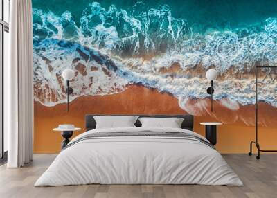 aerial view of sea waves and sandy beach Wall mural