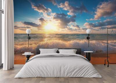 Beach sunrise over the tropical sea waves and island sand Wall mural