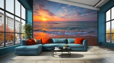 Beautiful cloudscape over tropical sea and beach shore, sunrise over ocean horizon Wall mural