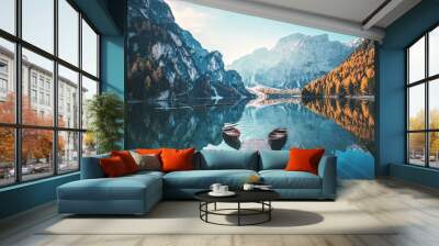 Boats on the Braies Lake ( Pragser Wildsee ) in Dolomites mountains, Sudtirol, Italy Wall mural