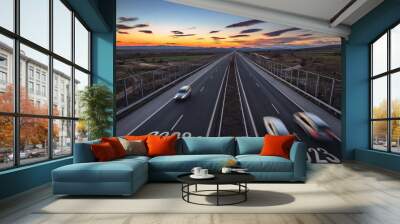 Driving on open road at beautiful sunny day to new year 2023. Aerial view of travel and transportation on highway.  Wall mural