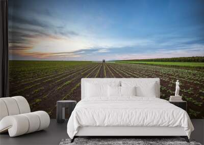 Farming tractor plowing and spraying on field Wall mural