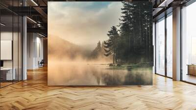 Morning fog on the lake, sunrise shot Wall mural