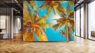 Palm tree leaves against blue sky clouds on the tropical beach, vintage view Wall mural