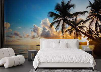 Palm tree silhouettes on the tropical beach, Punta Cana, Dominican Republic Wall mural