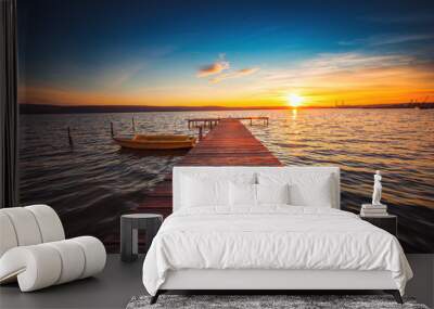 Small Dock and Boat at the lake Wall mural