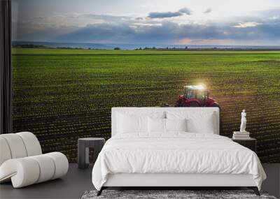 tractor cultivating field at spring Wall mural