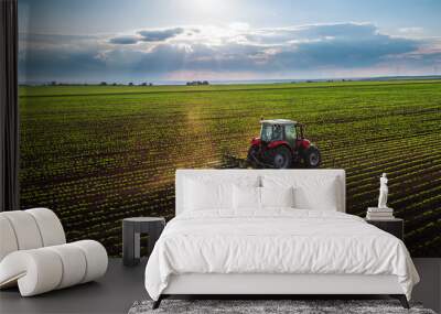 Tractor cultivating field at spring Wall mural