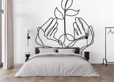 Continuous line drawing. Hands palms together with growth plant. Vector illustration Wall mural