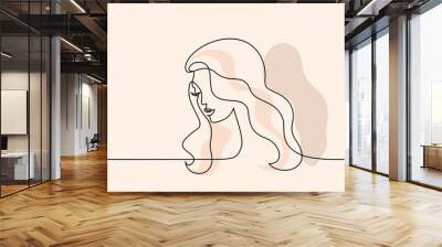 Continuous one line drawing. Abstract portrait of pretty young woman with beautiful hair. Vector soft color illustration Wall mural