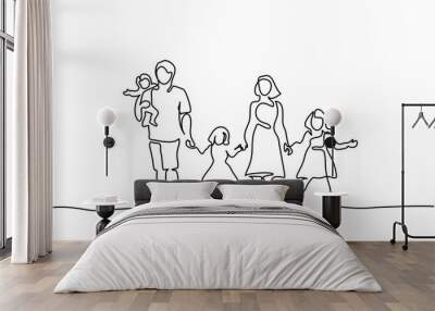 Continuous one line drawing. Happy family father and mother with three children. Vector illustration. Wall mural