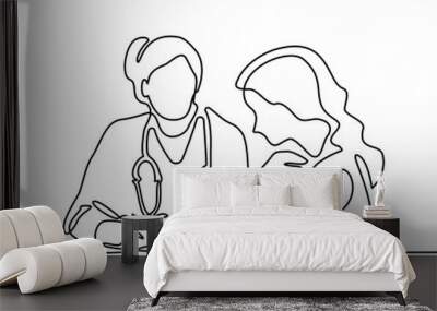 Doctor with stethoscope treat patient woman. Continuous line drawing. Vector illustration on white background Wall mural