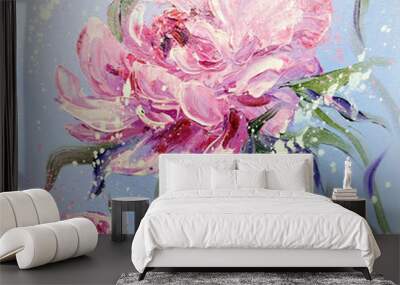 Hand painted modern style Pink peonies flowers. Spring flower seasonal nature background. Oil painting floral texture Wall mural