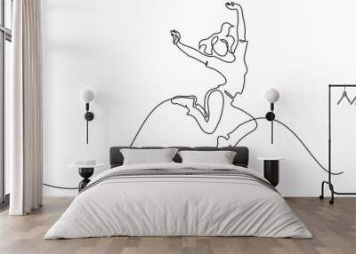 Happy jumping woman. Continuous one line drawing Wall mural