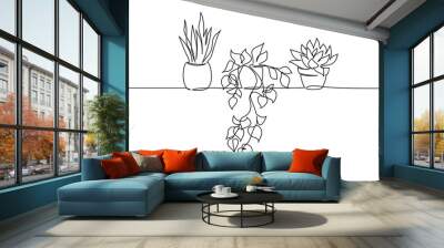 House plants in pots. Continuous one Line drawing Wall mural