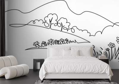 Landscape with flowers trees and mountains. Single one line drawing Wall mural