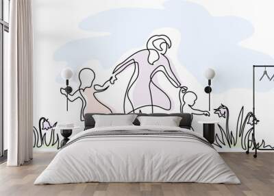 Mother walking with small children in garden with flowers Wall mural