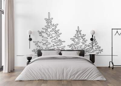 Pine fir trees in a forest. Continuous one line drawing Wall mural