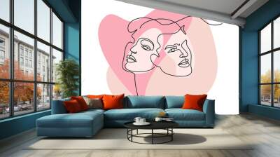 Portrait of couple man and woman in love kissing. Continuous One Line Wall mural