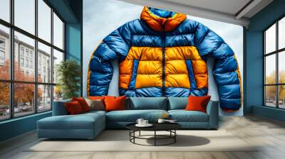 A blue and orange down jacket on a white surface Wall mural