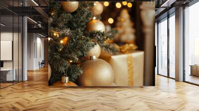 A christmas tree decorated with gold ornaments and presents under a fireplace Wall mural