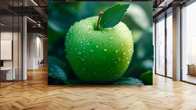 A green apple with water droplets on it sitting on a leaf Wall mural