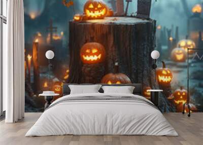 A group of carved pumpkins sitting on top of a tree stump Wall mural