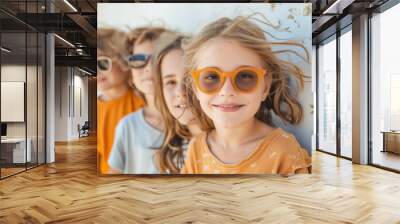 A group of children wearing sunglasses leaning against a wall Wall mural