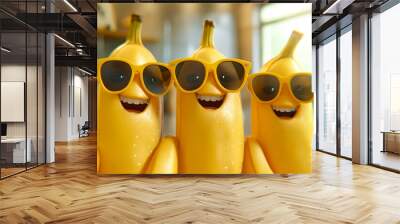 A group of three bananas wearing sunglasses and smiling Wall mural