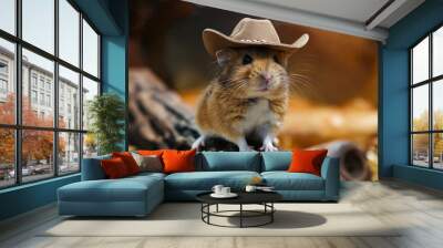 A hamster wearing a cowboy hat sitting on a log Wall mural