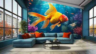 A large goldfish swimming in an aquarium surrounded by corals Wall mural