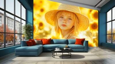 A little girl in a sunflower field wearing a straw hat Wall mural