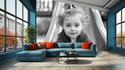 A little girl is sitting on a slide. Wall mural