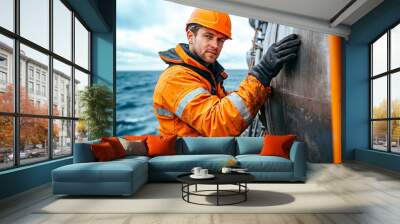 A man in an orange hard hat and safety vest leaning against a large metal object Wall mural