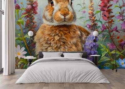 A painting of a rabbit sitting in a field of flowers Wall mural