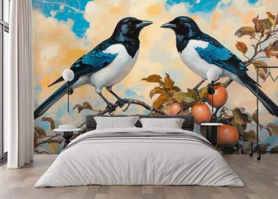 A painting of two birds sitting on a branch of a tree with apples Wall mural