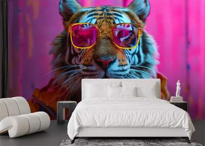 A tiger wearing sunglasses and an orange jacket Wall mural