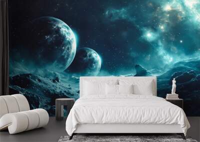 A view of two planets in the sky with stars and nebula in the background Wall mural