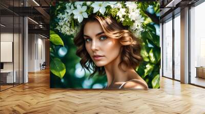 A woman wearing a flower headband is standing in a green forest. The image has a serene and peaceful mood, as the woman is surrounded by nature Wall mural