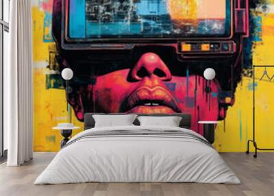 A woman wearing a pair of glasses with a television on her head Wall mural