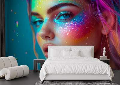 A woman with colorful makeup and glitter on her face Wall mural