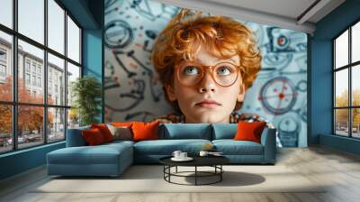 A young boy with red hair wearing glasses looking up. Wall mural