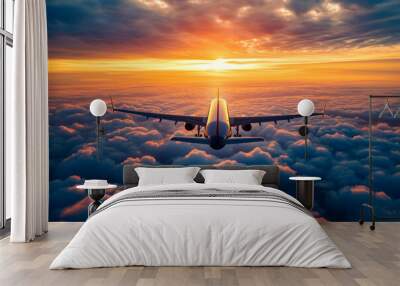 Airplane is flying through cloudy sky with the sun shining behind it creating impressive backdrop for the journey ahead. Wall mural