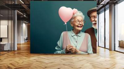 an elderly couple holding balloons in their hands. Generative AI. Wall mural