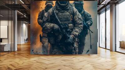 Army soldier with weapon in hand and wearing full gear walks on smokey battlefield with two other soldiers. Wall mural